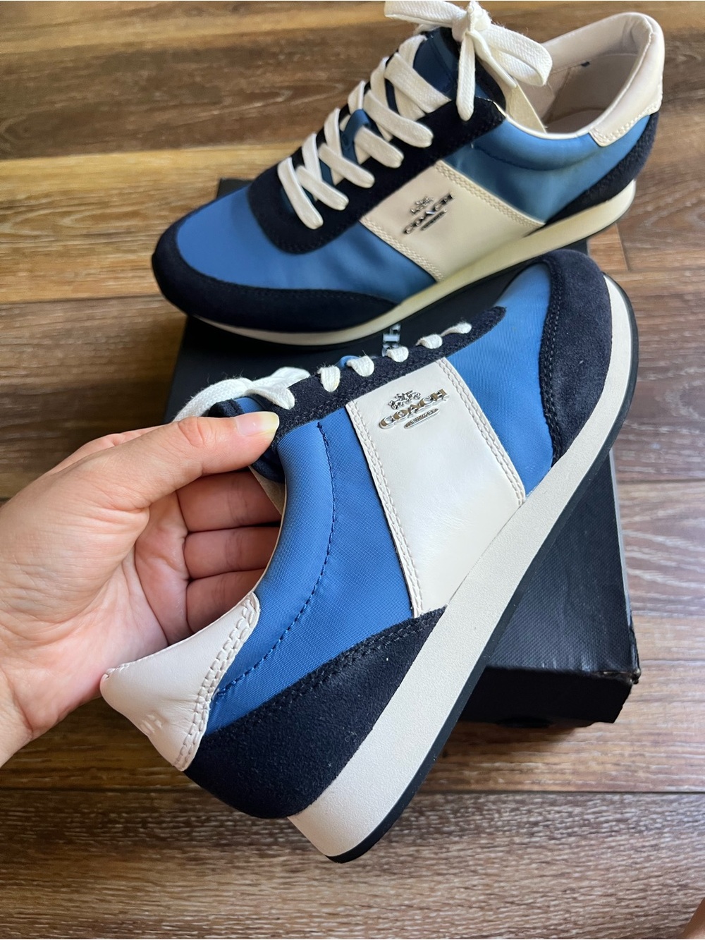 Coach Raylen Sneakers Blue White Nylon Suede Lace Up Shoes Women's 9.5 EUC - Picture 2 of 12